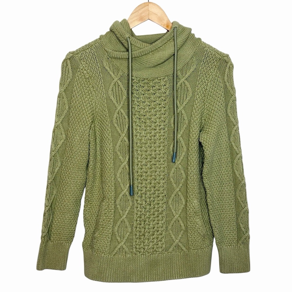 LL Bean Signature Fisherman Sweater Green Womens Small Cable Knit Chunky Cotton